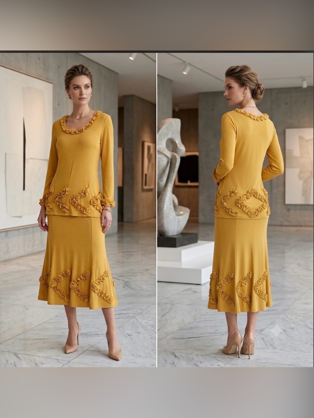 🔴 Mustard Yellow Ruffle-Trim Midi Dress